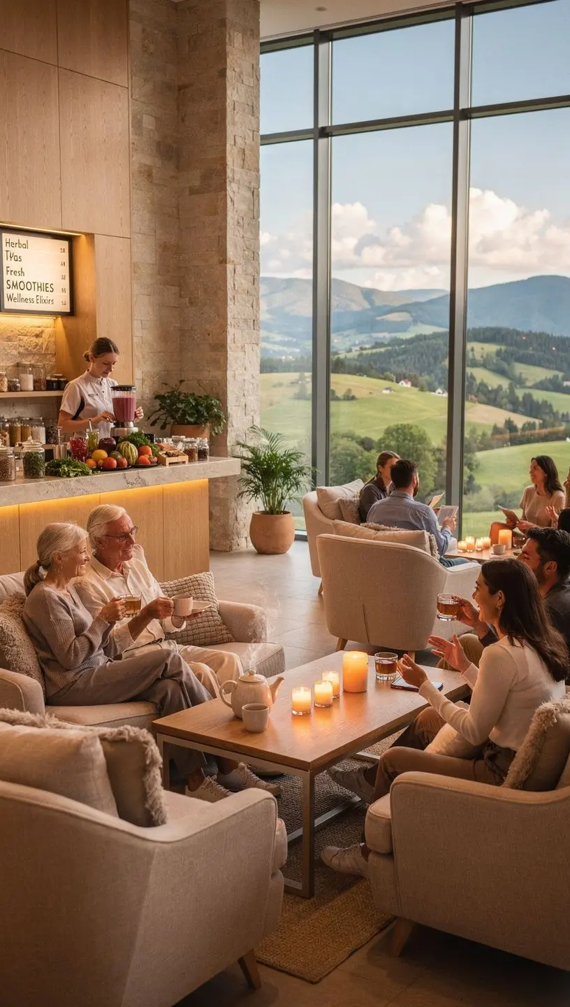 A serene view of a health resort in the mountains of Slovakia, surrounded by lush greenery.